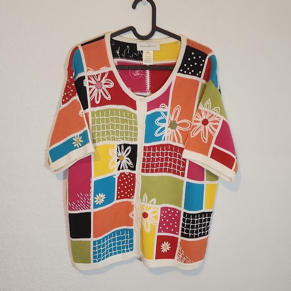 Susan Bristol Hand Embroidered‎ Patchwork Floral Multicolor Cardigan Sweater XL